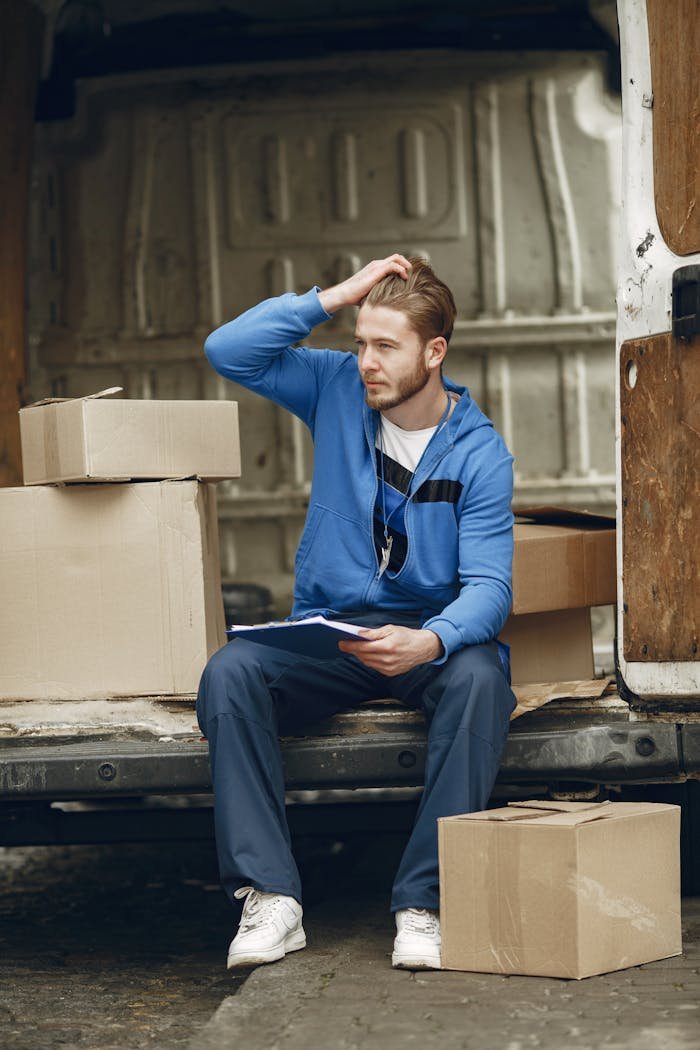A delivery worker sitting in a van sorting packages. Stressful work environment.